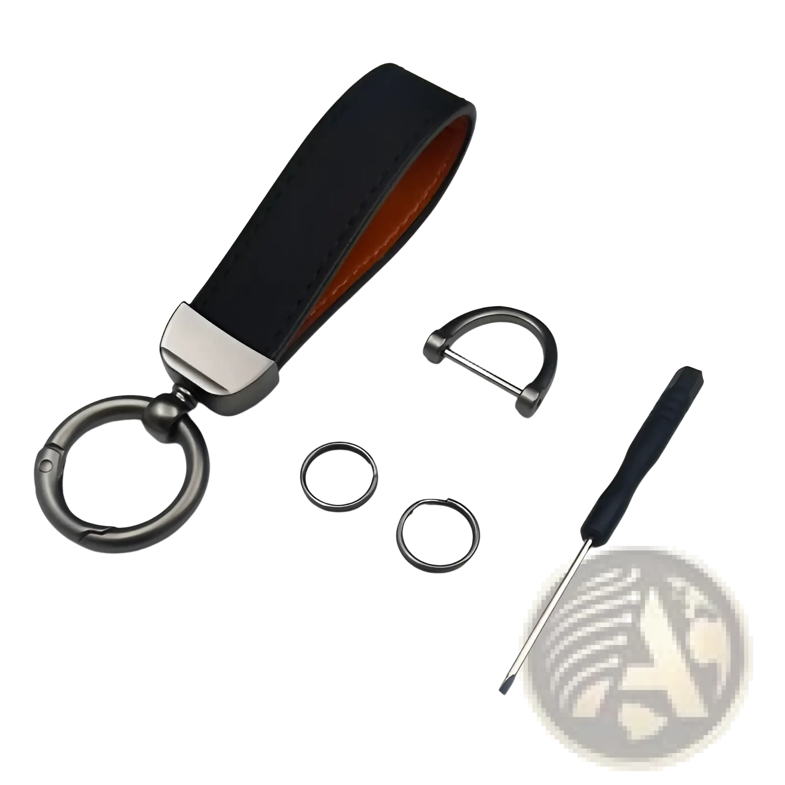 Genuine leather keychain 5-pack featuring black leather with orange lining and silver-toned metal ring and clasp