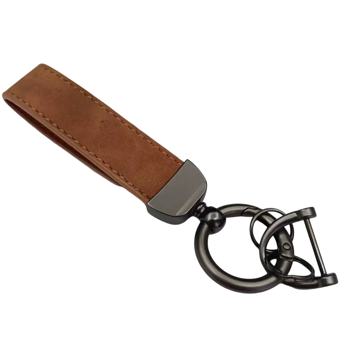 Brown genuine leather keychain with matte black metal clasp and ring for car keys in 5-pack set