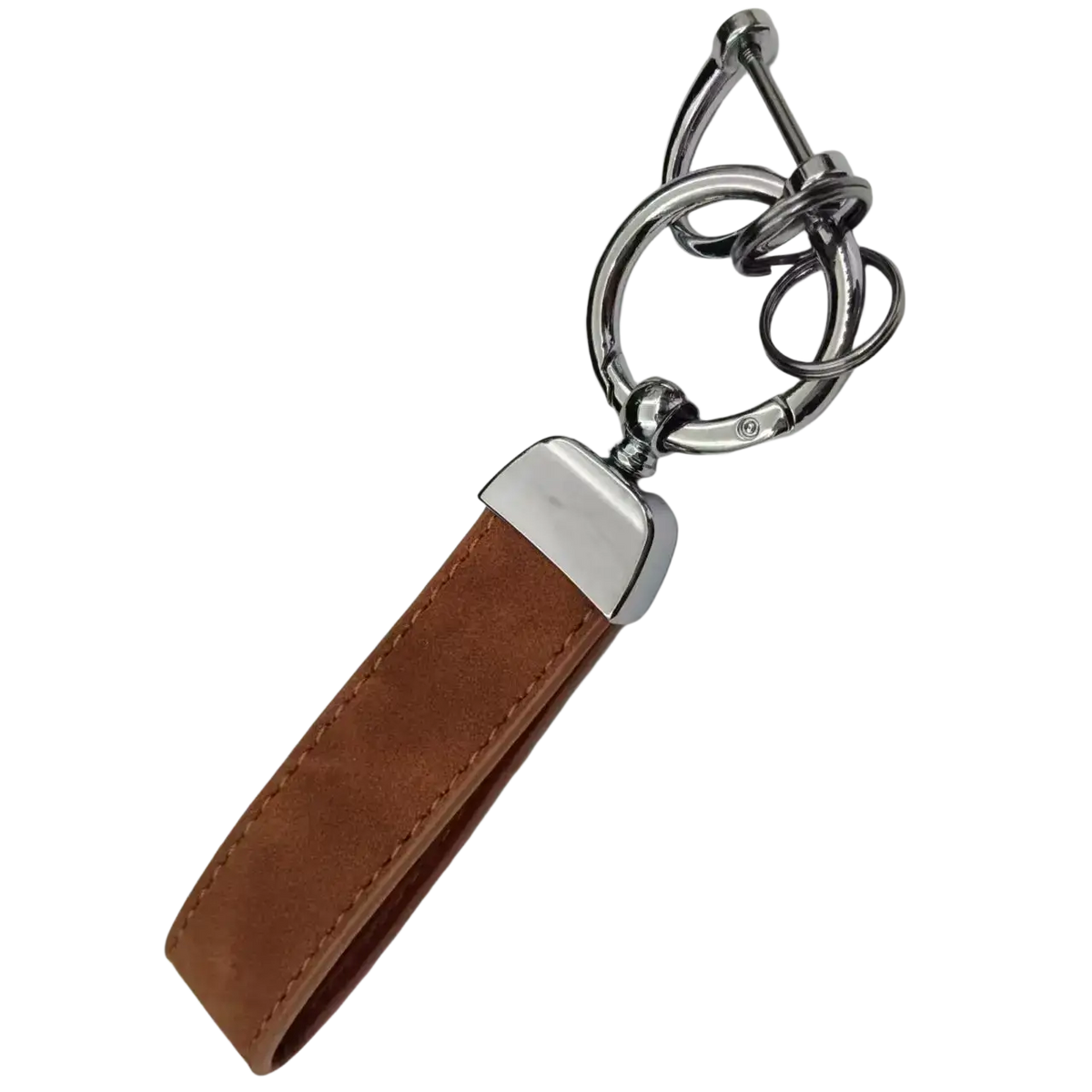 Genuine leather keychain 5-pack featuring brown leather with polished silver metal clasp and ring for car keys