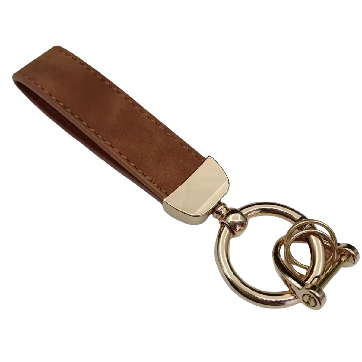 Brown suede genuine leather keychain with gold-tone metal rings and polished rectangular connector for car keys