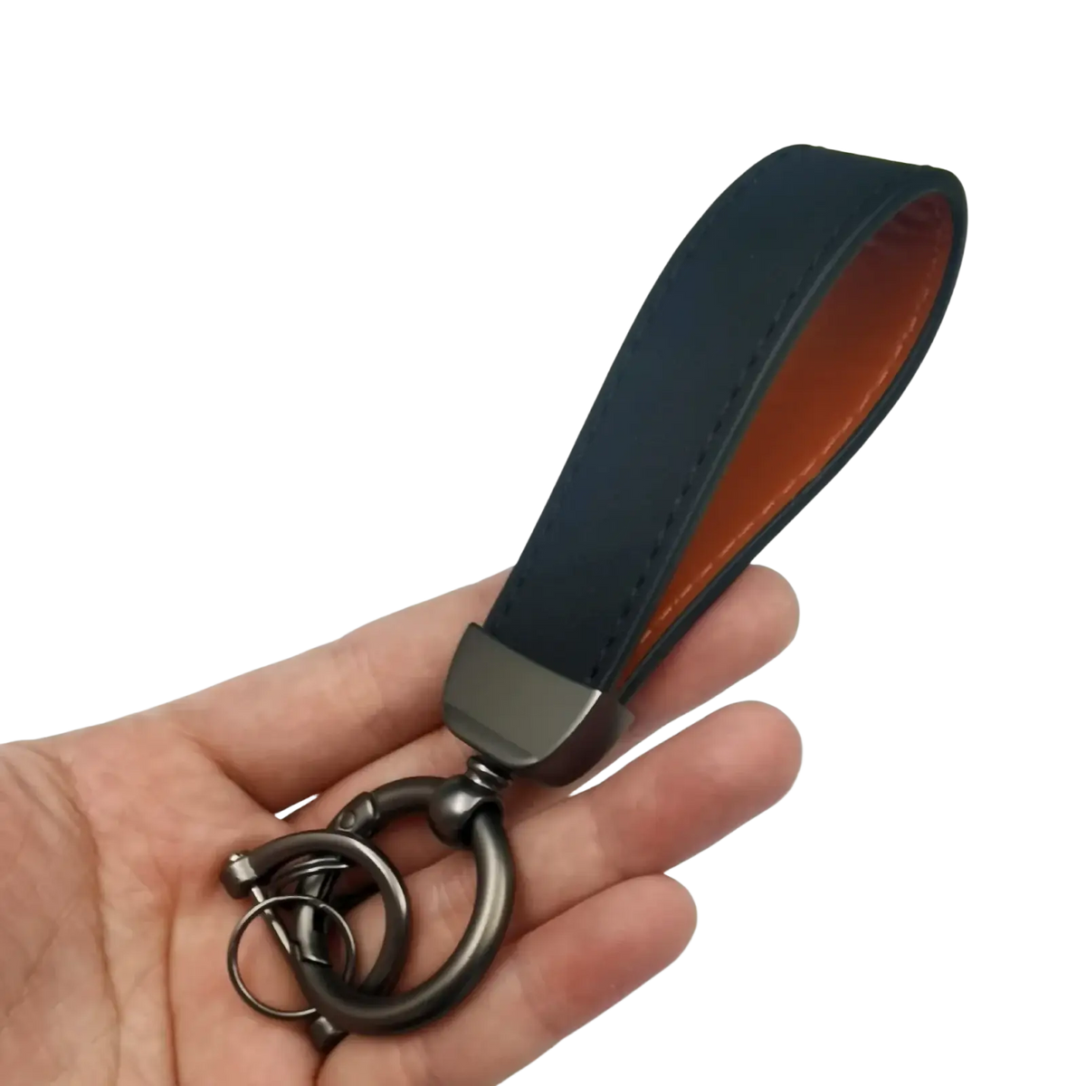 Genuine leather keychain 5-pack featuring dark blue leather with orange stitching and matte black metal ring
