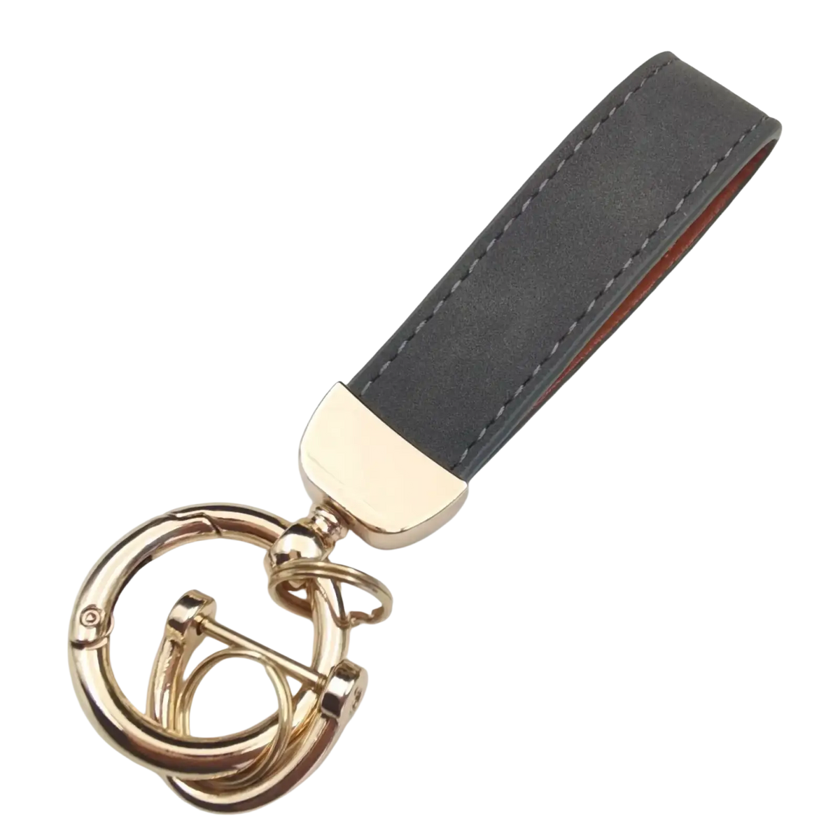 Dark gray genuine leather keychain with gold-tone metal rings and polished clasp for car keys 5-pack set