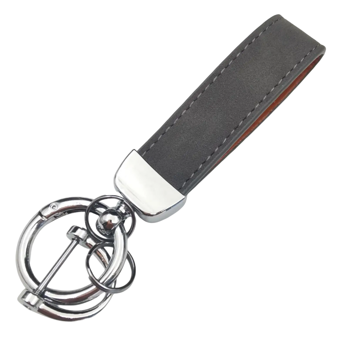 Gray genuine leather keychain with silver-toned metal hardware and polished interlocking ring design in 5-pack set