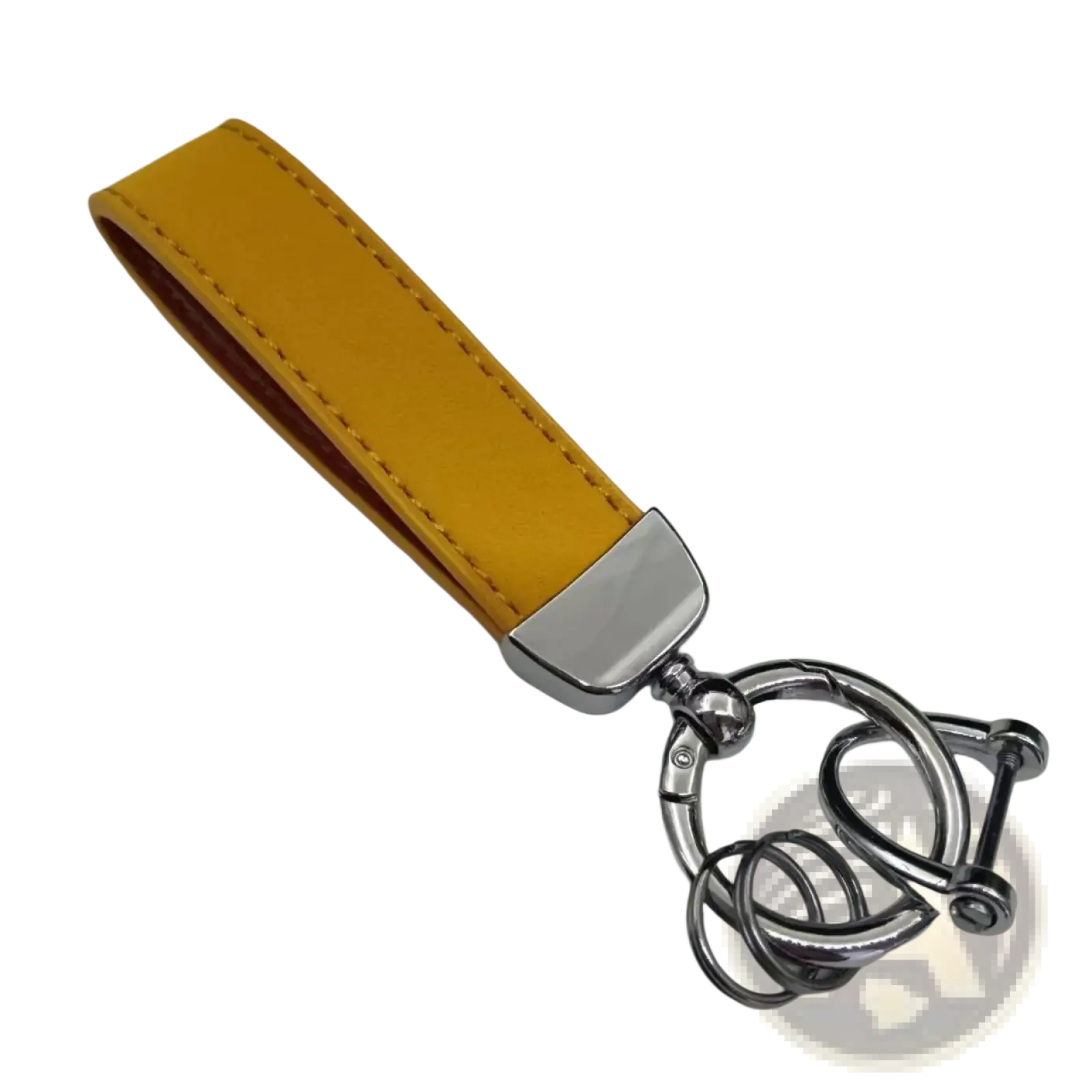 A mustard-yellow genuine leather keychain with a polished silver clasp and interlocking ring design for car keys