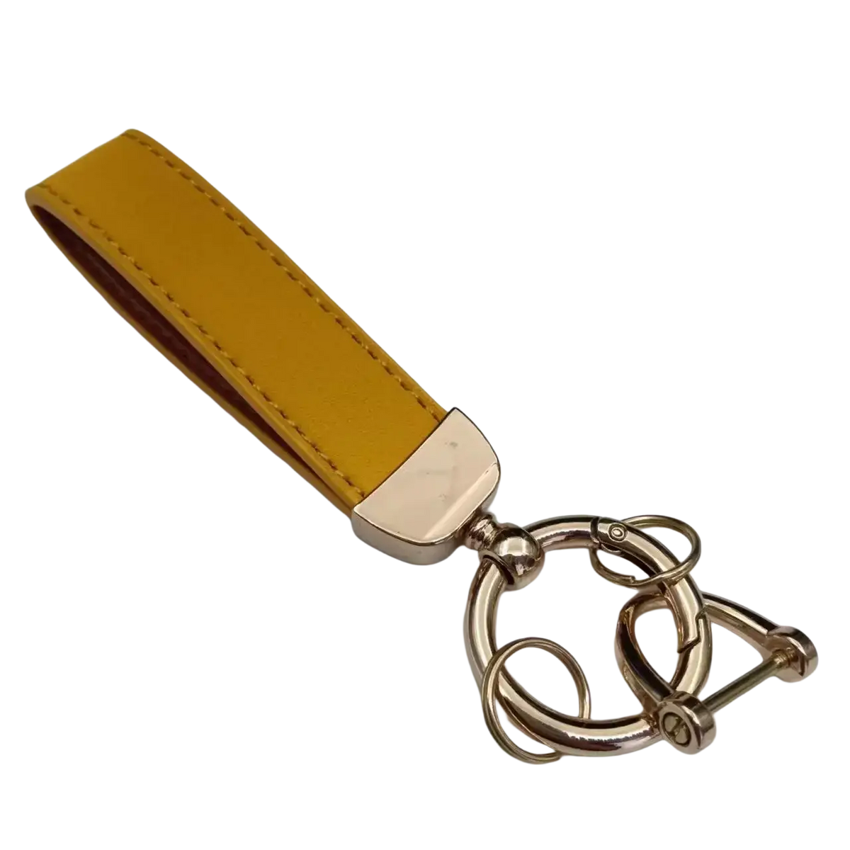 A mustard yellow genuine leather keychain with a gold tone metal ring and clasp for car keys