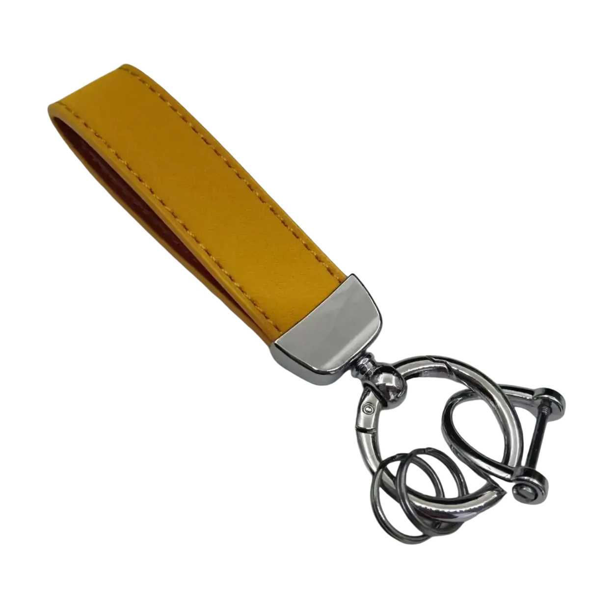 A mustard-yellow genuine leather keychain with a polished silver clasp and interlocking ring design for car keys