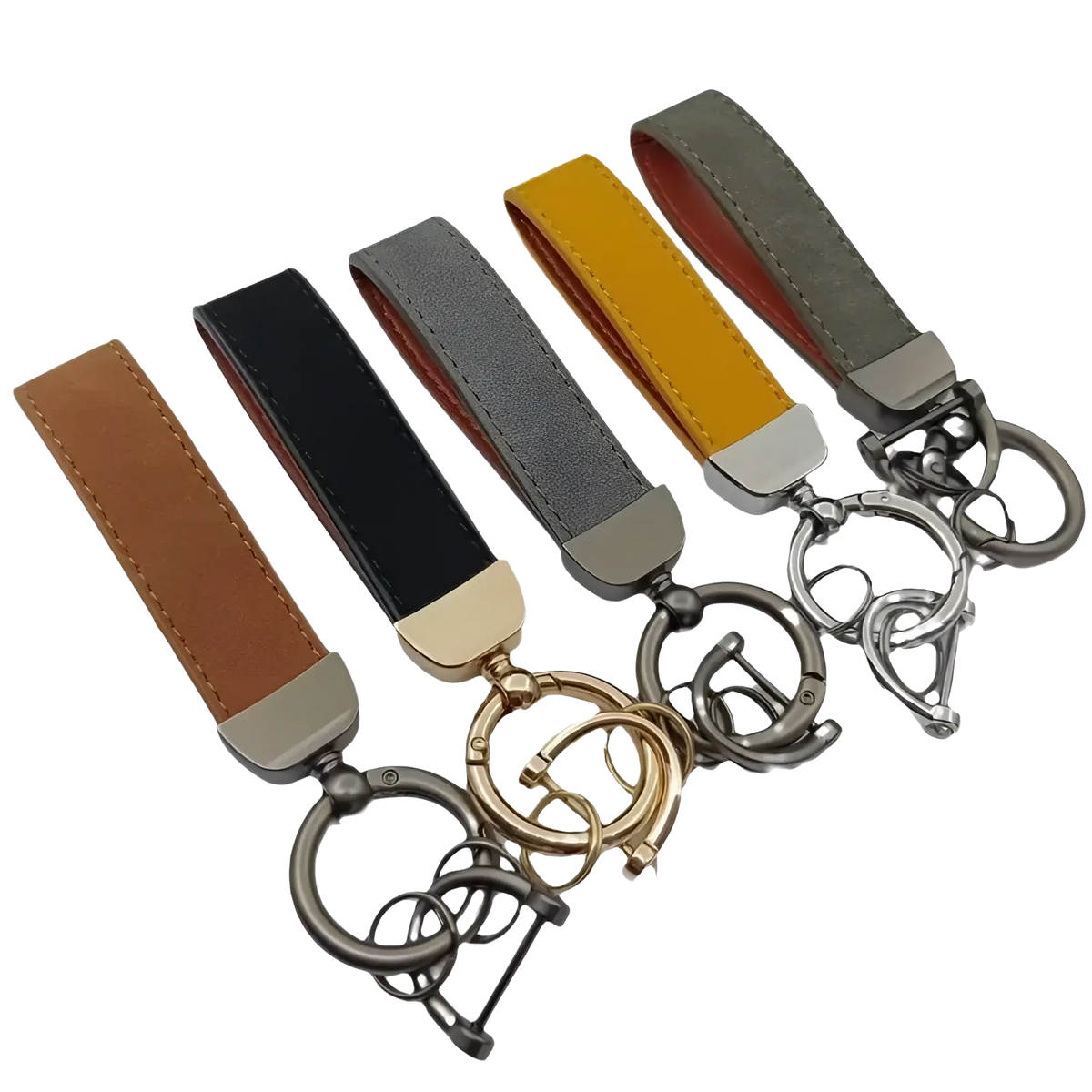 A set of five genuine leather keychains in brown black gray mustard yellow and olive green with metallic hardware