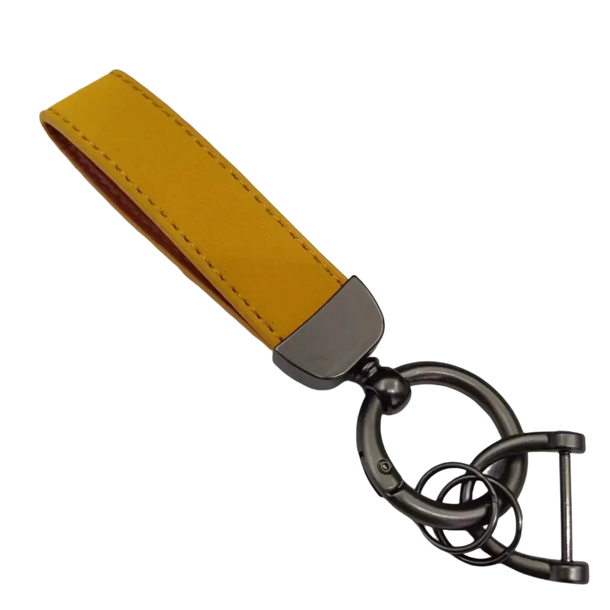 Genuine leather keychain 5-pack featuring sleek mustard-yellow leather with matte black metal clasp and ring assembly