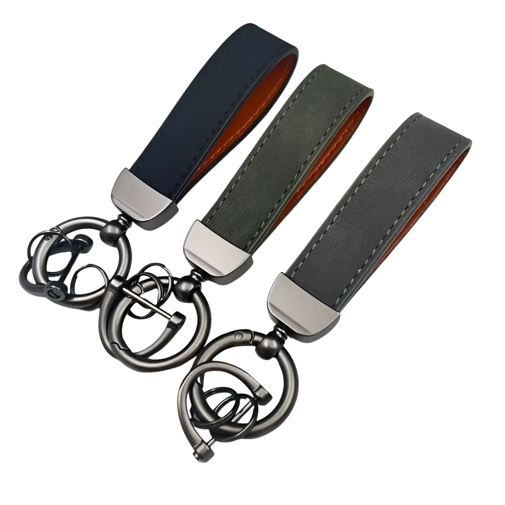 Three genuine leather keychains with matte black rings and orange stitching for car key rings 5-pack