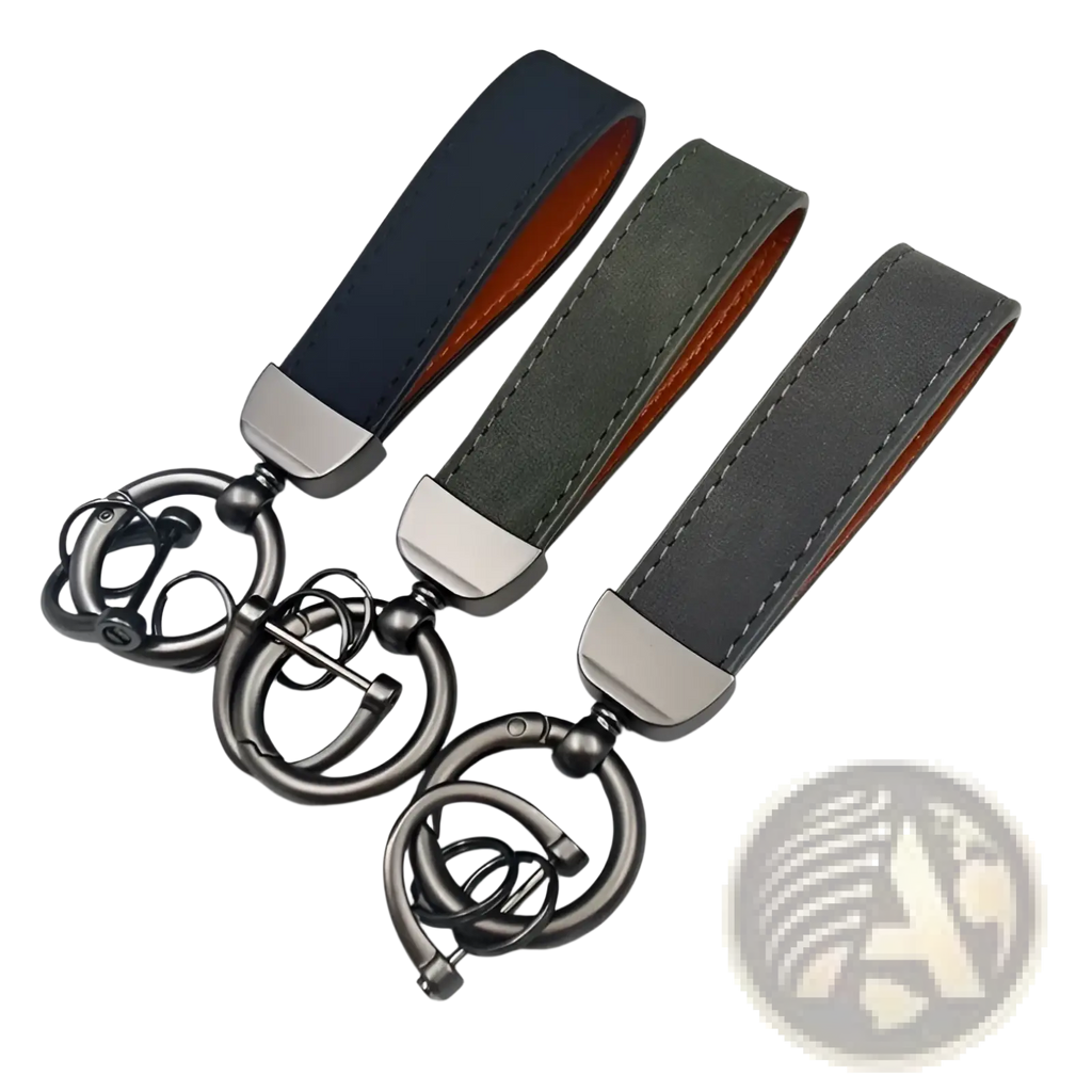 Three genuine leather keychains with matte black rings and orange stitching for car key rings 5-pack
