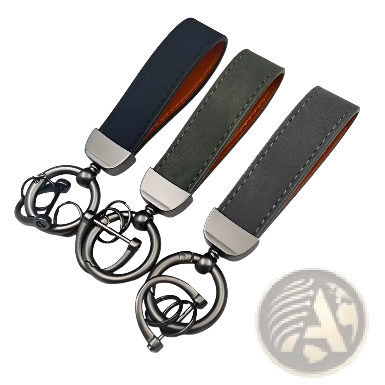 Three genuine leather keychains with matte black rings and orange stitching for car key rings 5-pack