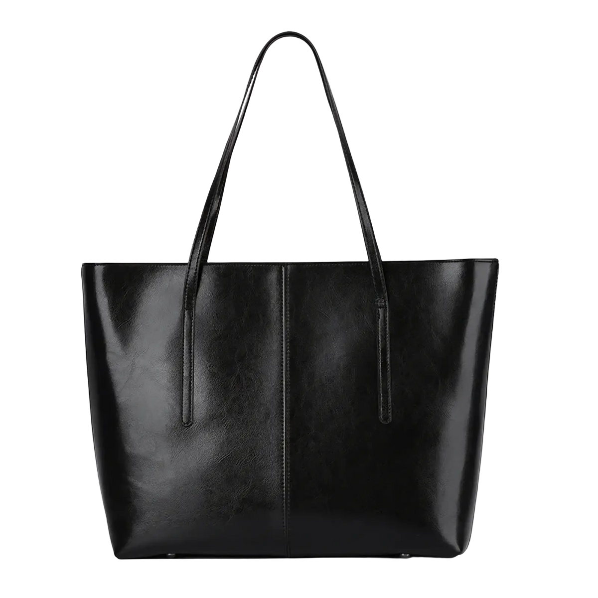 Black leather genuine leather laptop tote bag for women with sleek minimalist design and two long handles