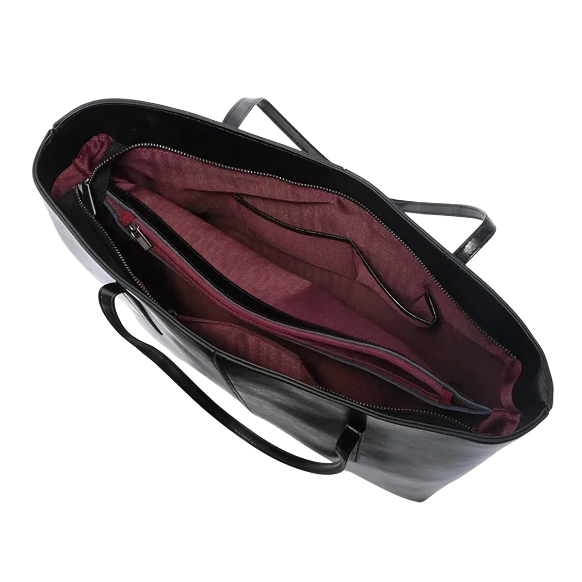 Genuine leather laptop tote bag for women in black with burgundy interior lining and multiple zippered compartments