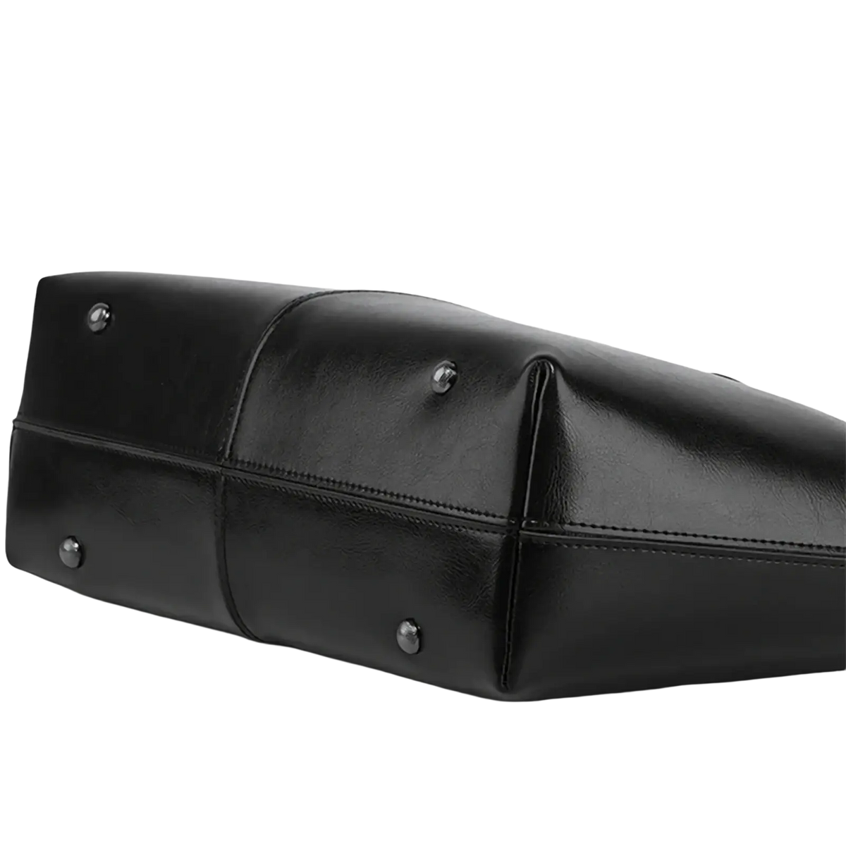 Black genuine leather laptop tote bag for women with silver-toned metal studs at the corners