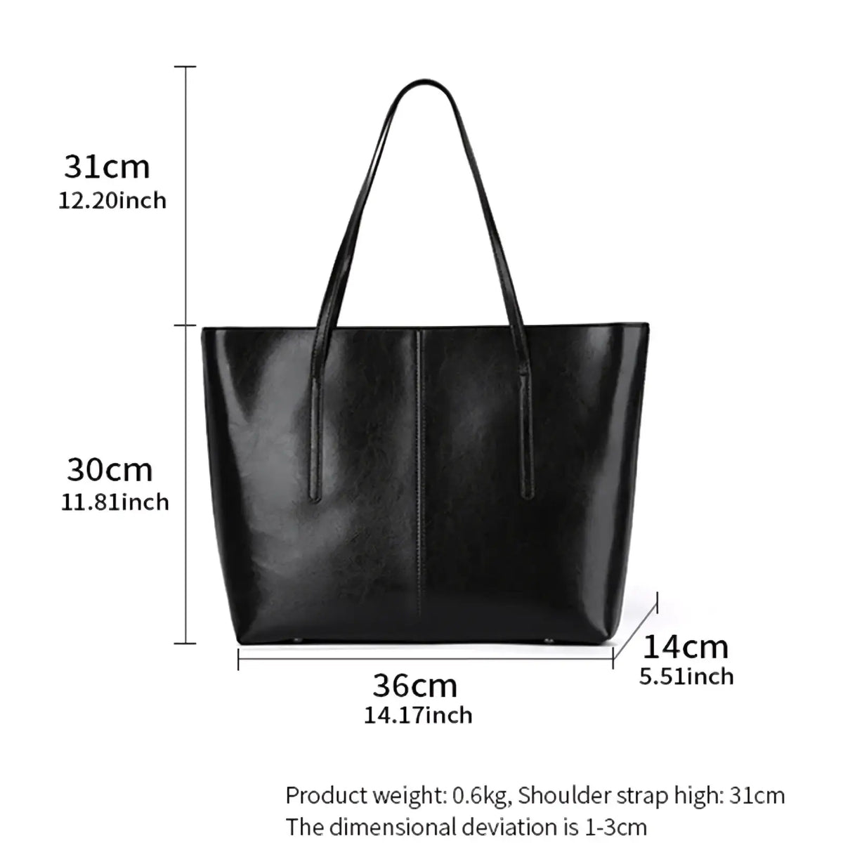 Black leather laptop tote bag for women with sleek minimalist design and structured shape