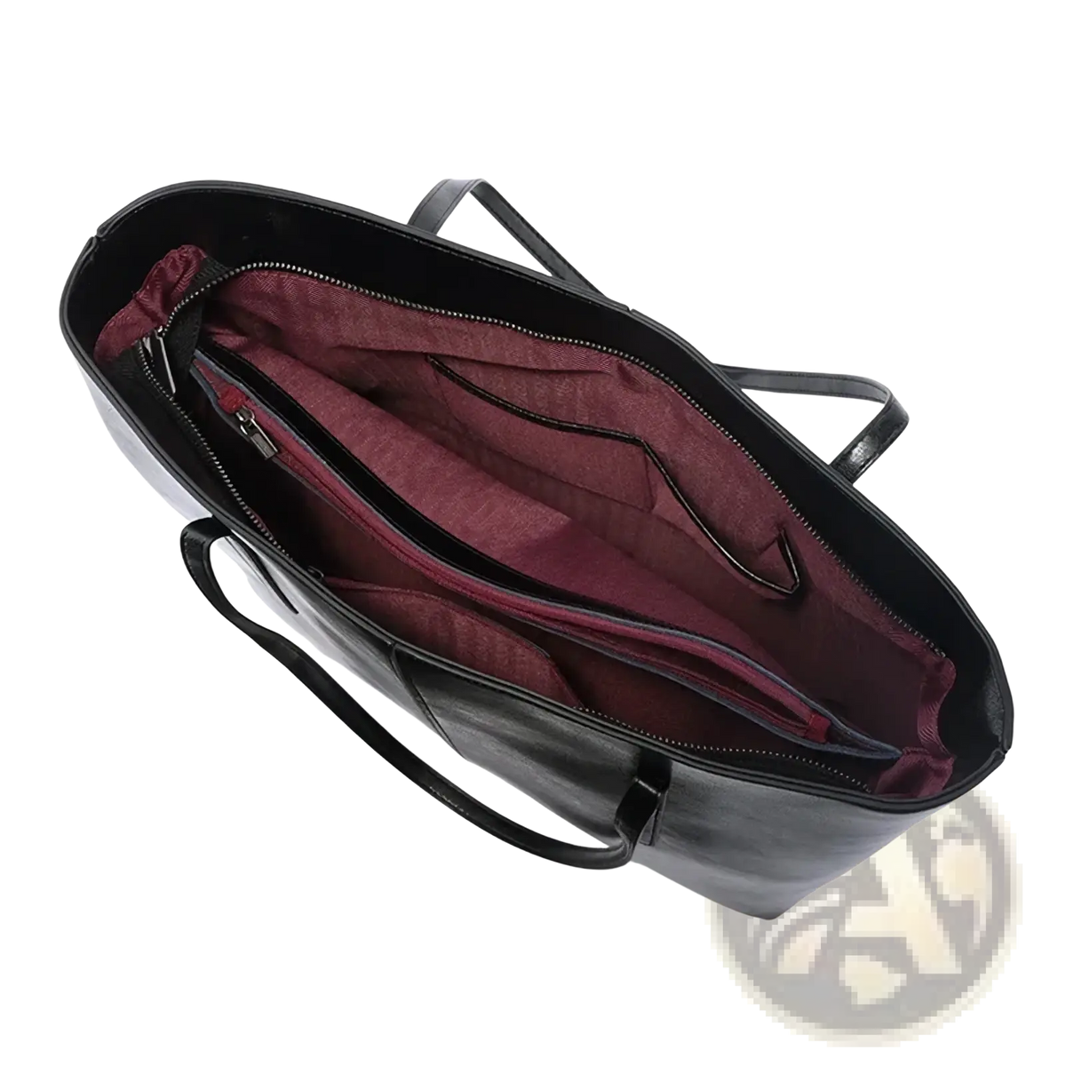 Genuine leather laptop tote bag for women in black with burgundy interior lining and multiple zippered compartments