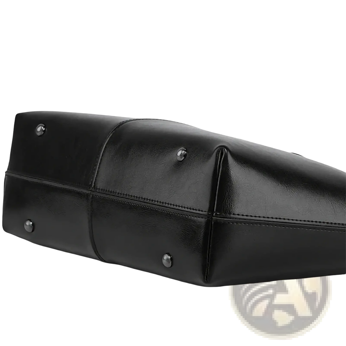 Black genuine leather laptop tote bag for women with silver-toned metal studs at the corners