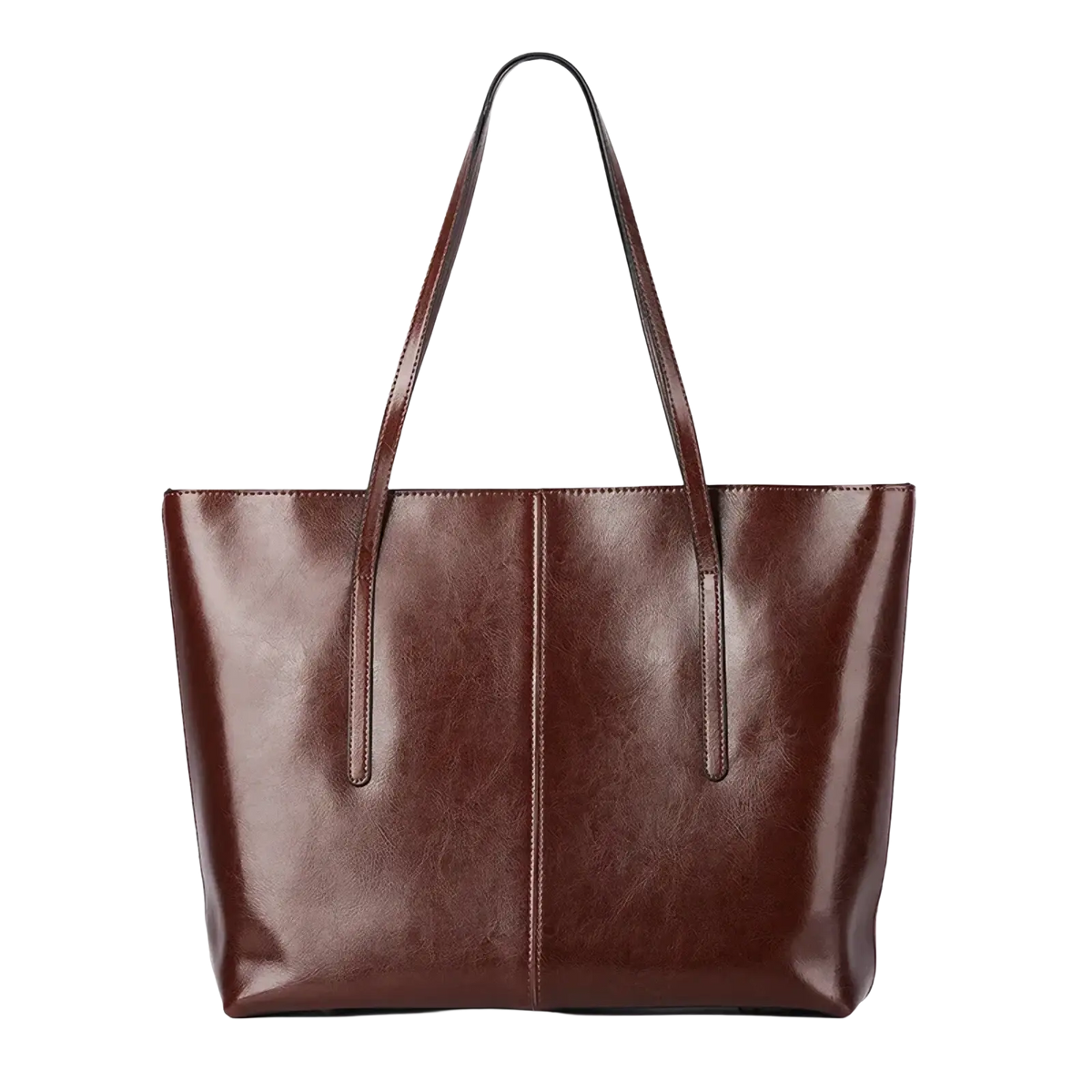 Genuine leather brown laptop tote bag for women with two long handles and a sleek minimalist design