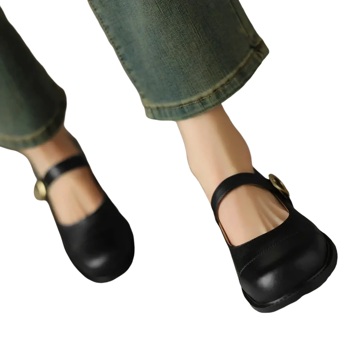 Genuine leather black mary jane flats with gold-toned buckle and rounded toe in large size