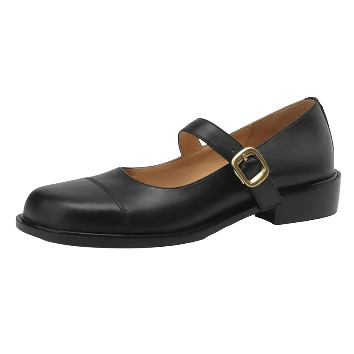 Black genuine leather Mary Jane flats with gold-toned buckle and low block heel in large size