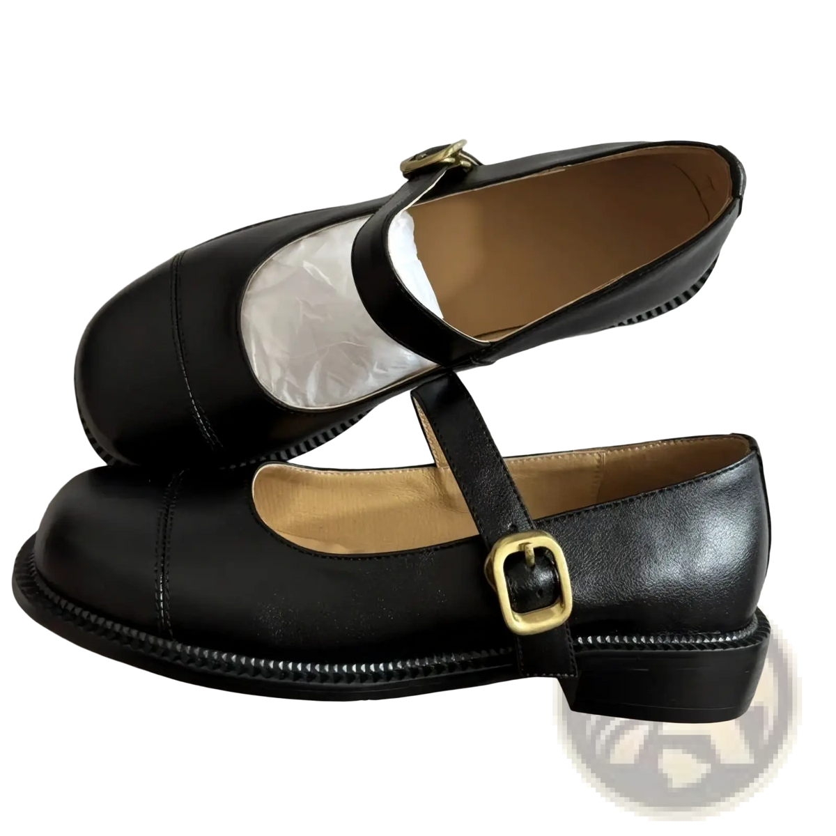 Genuine leather mary jane flats in black patent leather with gold-tone buckle and stitched detailing large size
