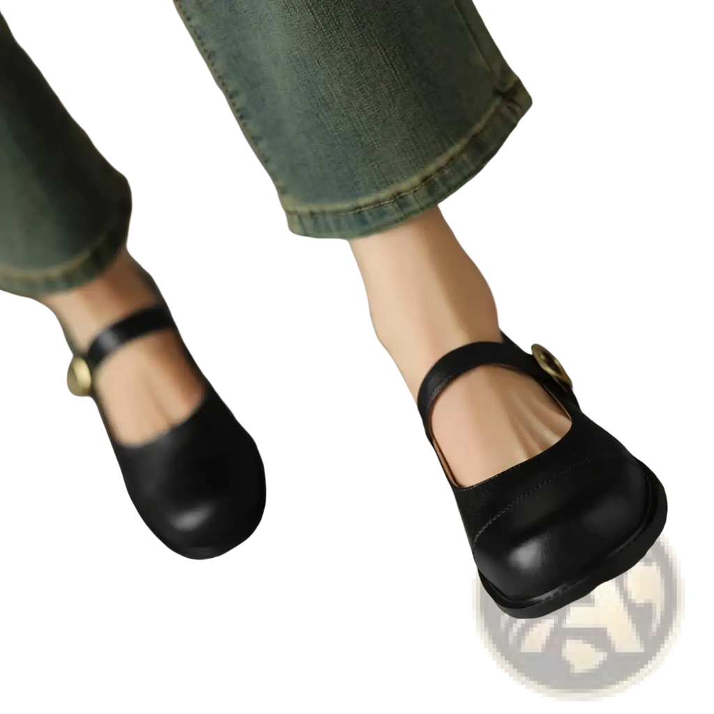 Genuine leather black mary jane flats with gold-toned buckle and rounded toe in large size