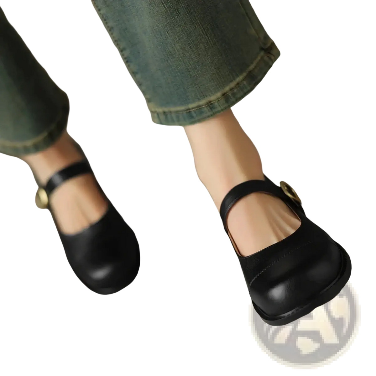 Genuine leather black mary jane flats with gold-toned buckle and rounded toe in large size