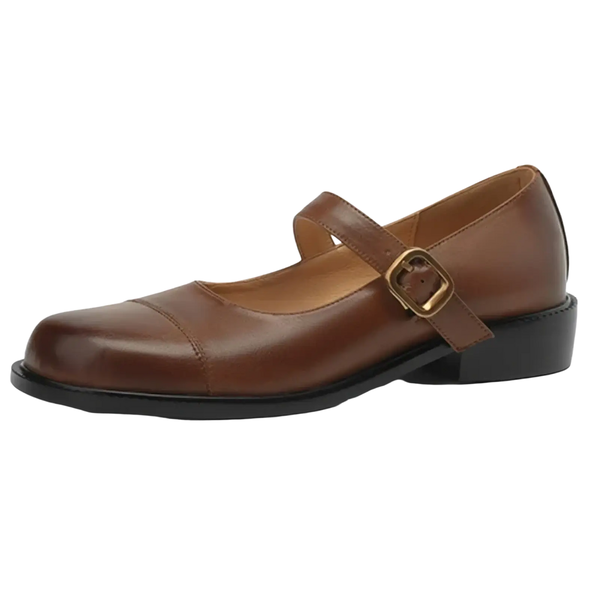 Genuine leather brown mary jane flats with gold toned buckle and black sole in large size for comfortable wear