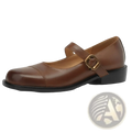 Genuine leather brown mary jane flats with gold toned buckle and black sole in large size for comfortable wear