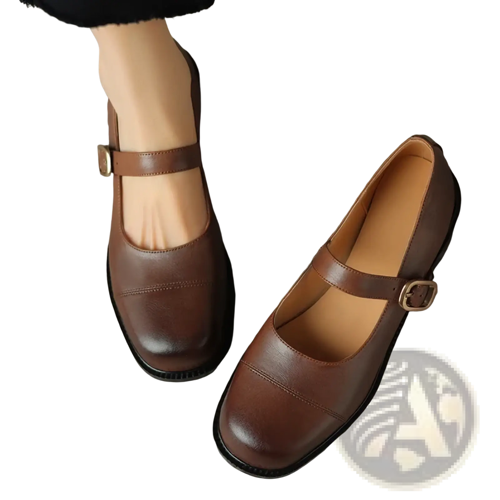 Genuine leather brown mary jane flats with square toe and gold-toned buckle in large size
