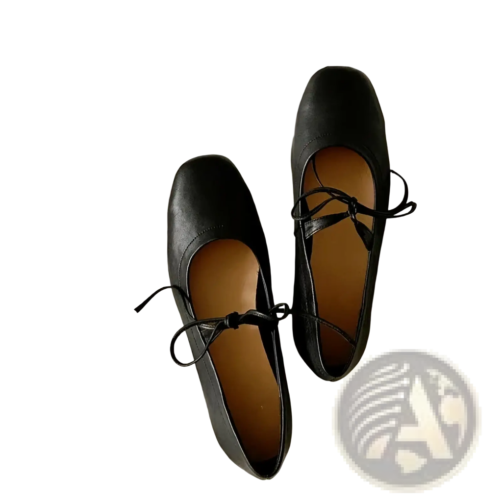 Black genuine leather mary jane flats for women with square toes tied laces and smooth finish for casual wear