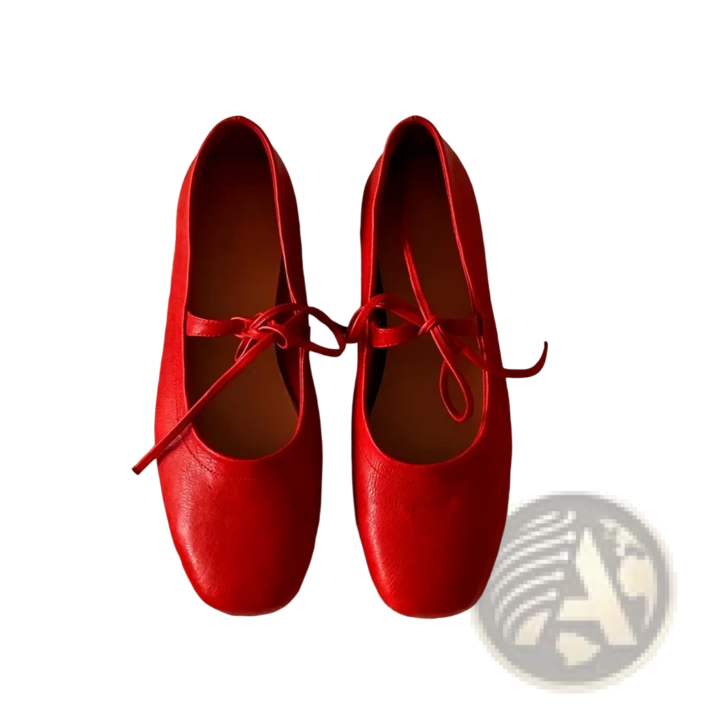 Bright red genuine leather mary jane flats with matching tied laces for women casual wear