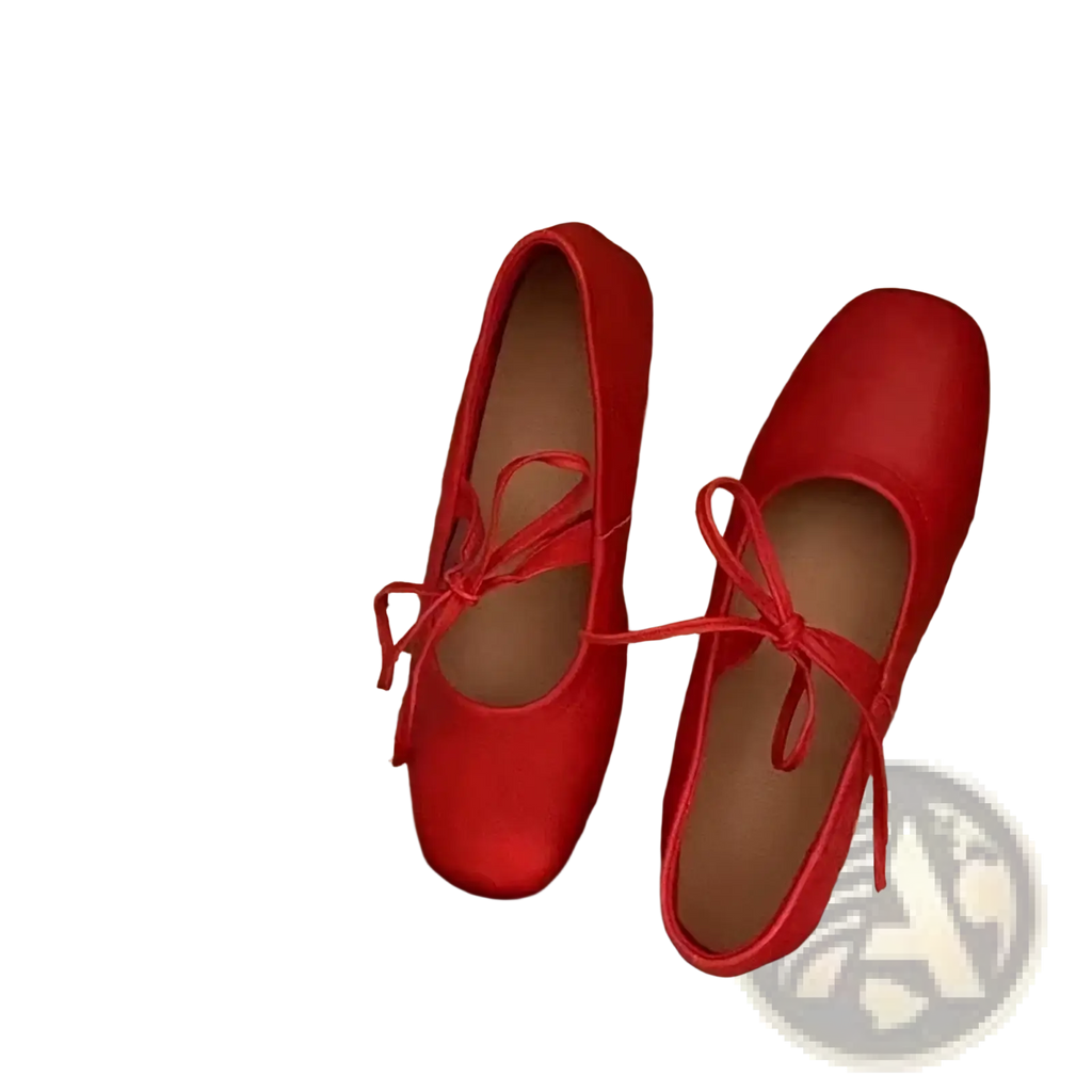 Genuine leather mary jane flats in vibrant red satin with matching ribbon ties for casual women shoes