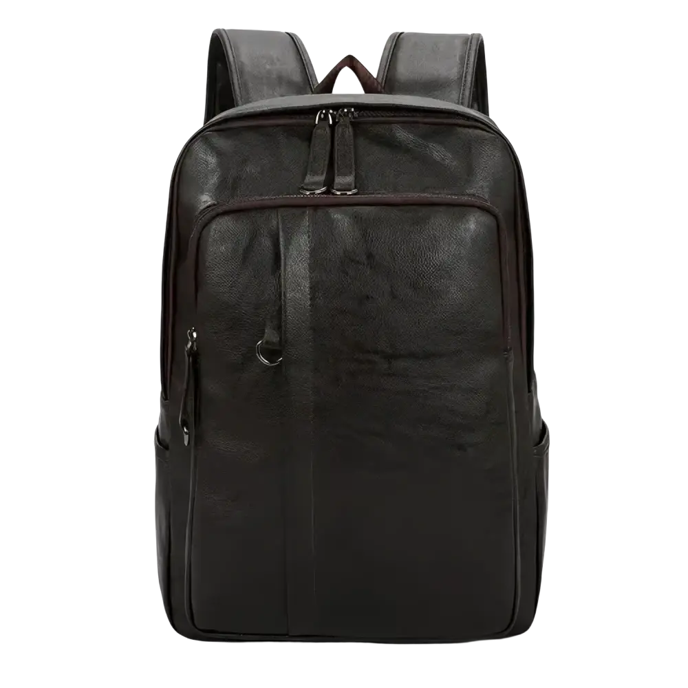 Black genuine leather men backpack with dual zippers and side pockets for casual travel use