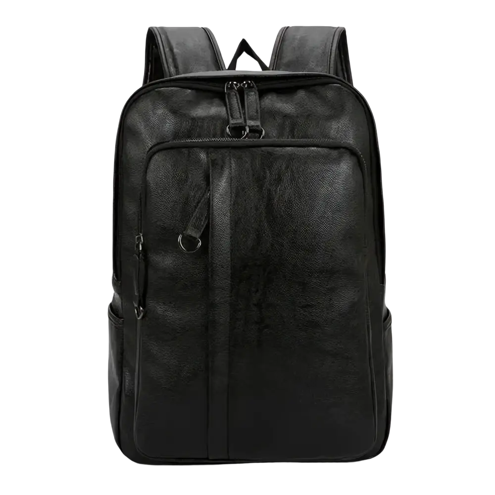 Genuine leather men backpack in black with dual zippers and side pockets for casual travel use
