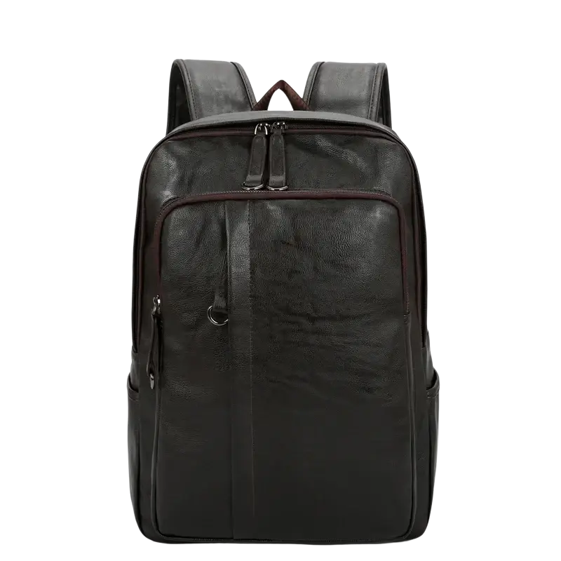 Genuine leather men backpack in black with subtle texture and dark brown zipper accents for casual travel use