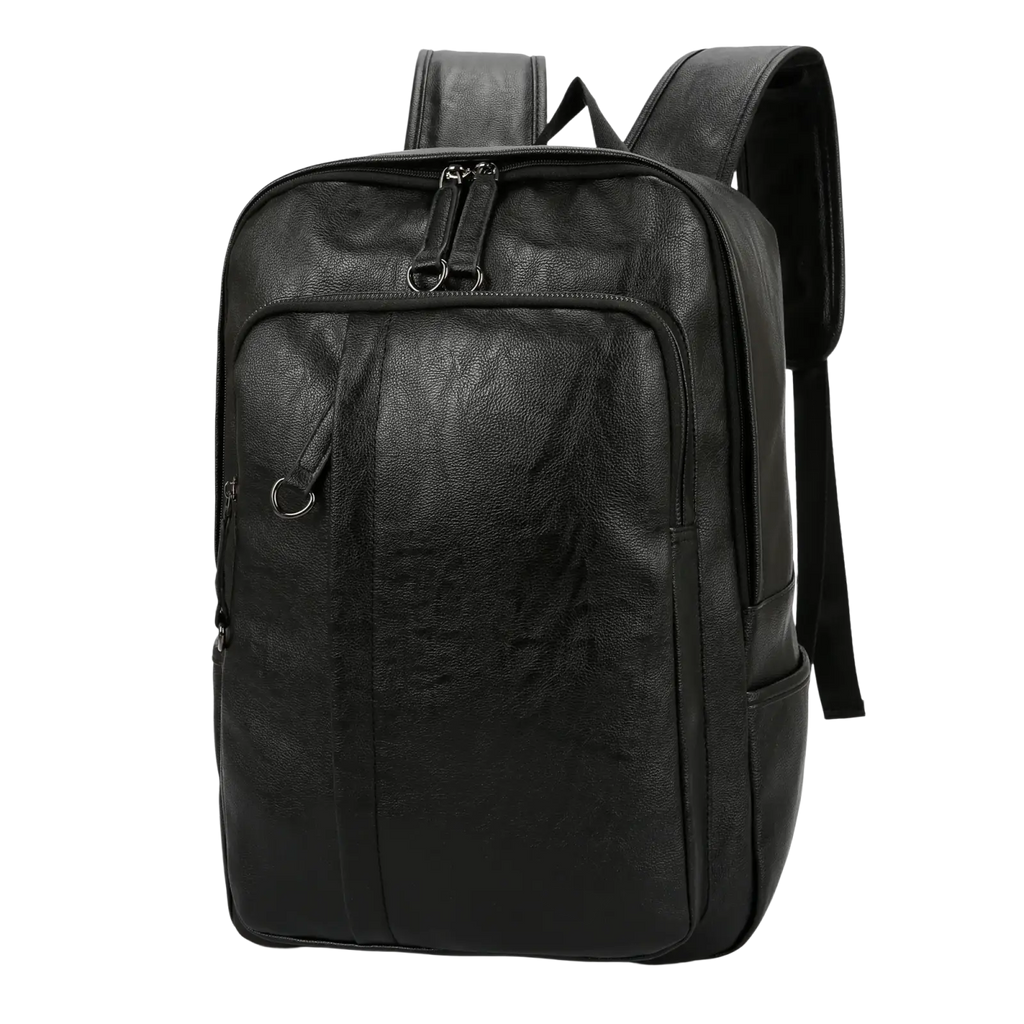 Black genuine leather men backpack with multiple zippers and textured surface for casual travel use