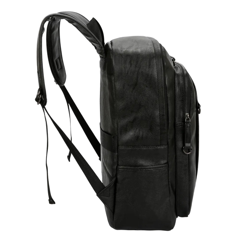 Genuine leather men backpack in black with multiple zippers and adjustable straps for casual travel use