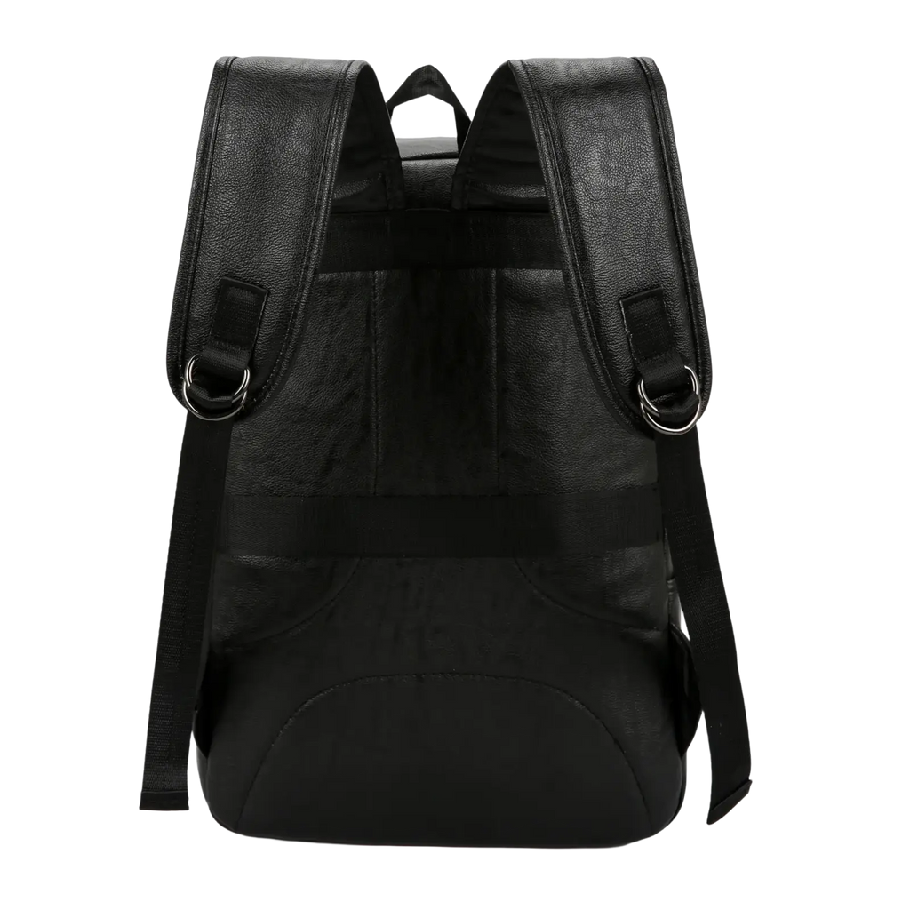 Black genuine leather men backpack with adjustable straps and metal d-rings for casual travel use