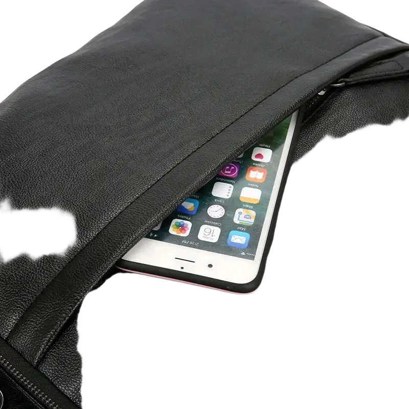 Black genuine leather men backpack with textured surface and zipper closure holding an iphone in side compartment