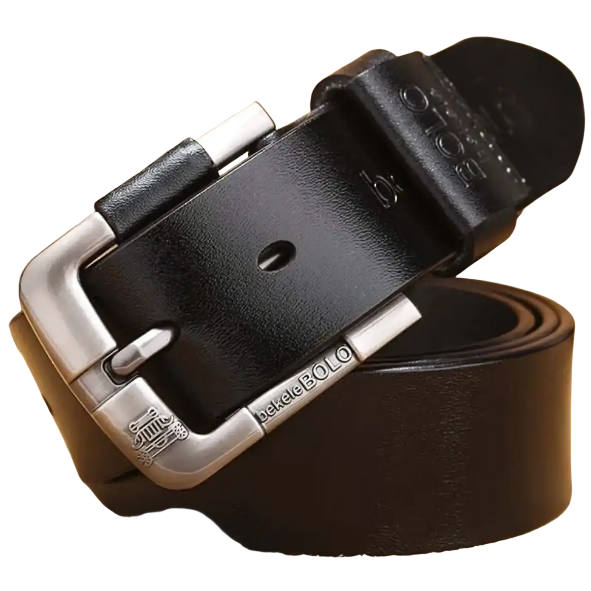 Genuine leather men belt in black with silver alloy buckle featuring bekebeleolo brand name and logo