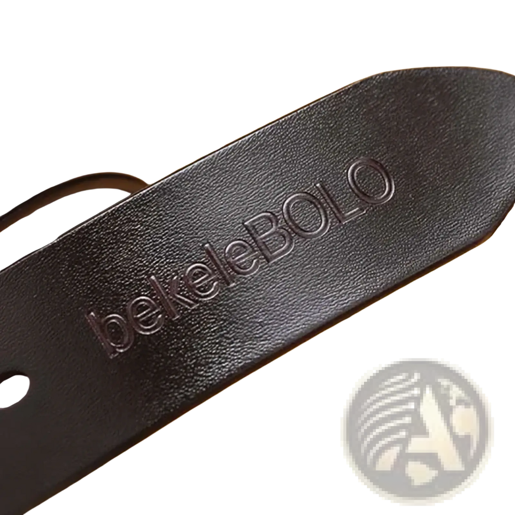 Genuine leather men belt in black with silver alloy buckle and embossed beklebollo branding on the strap