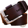 Genuine leather men belt in dark brown with silver alloy buckle embossed logo and bekel brand engraving on strap