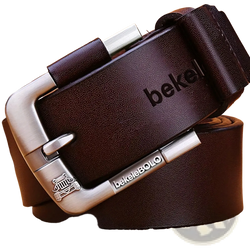 Genuine leather men belt in dark brown with silver alloy buckle embossed logo and bekel brand engraving on strap