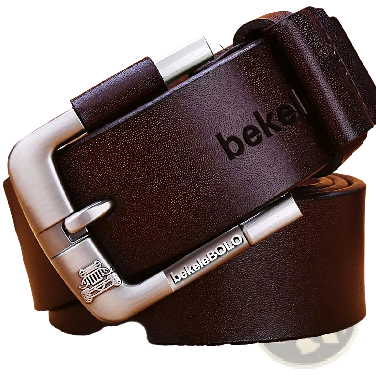 Genuine leather men belt in dark brown with silver alloy buckle embossed logo and bekel brand engraving on strap
