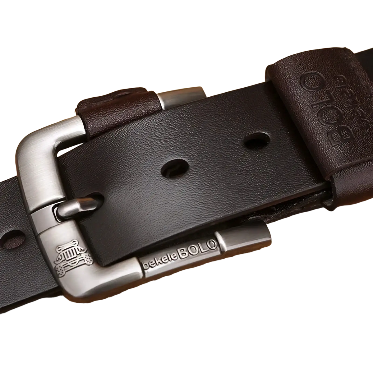 Genuine leather men belt in dark brown with a silver alloy buckle engraved with bekebelebolo brand name