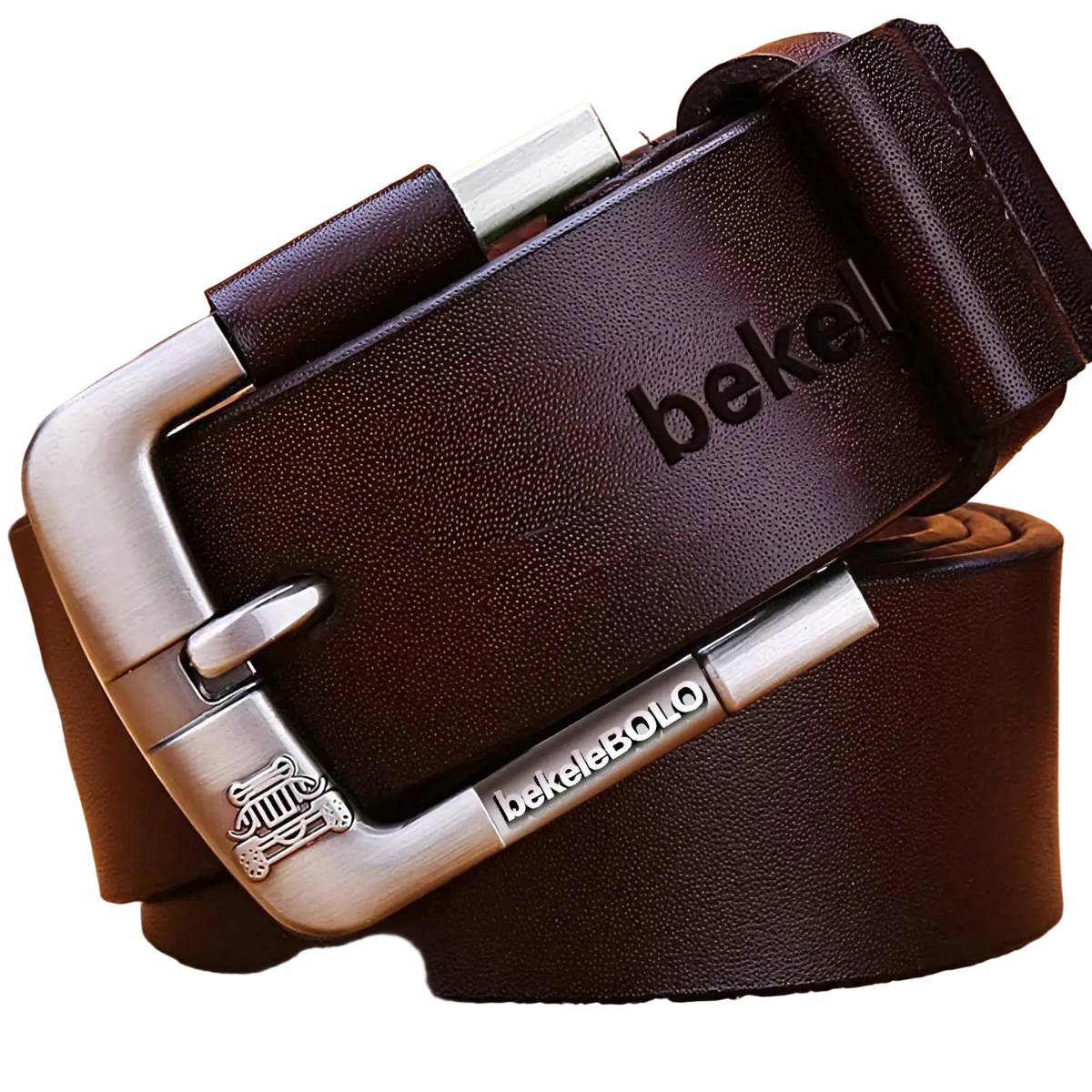 Genuine leather men belt in dark brown with silver alloy buckle embossed logo and bekel brand engraving on strap
