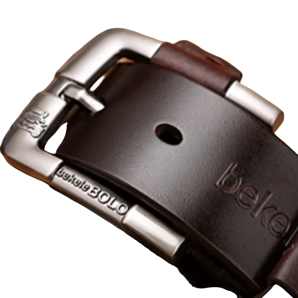 Genuine leather men belt in dark brown with silver alloy buckle engraved with beke bolo brand name