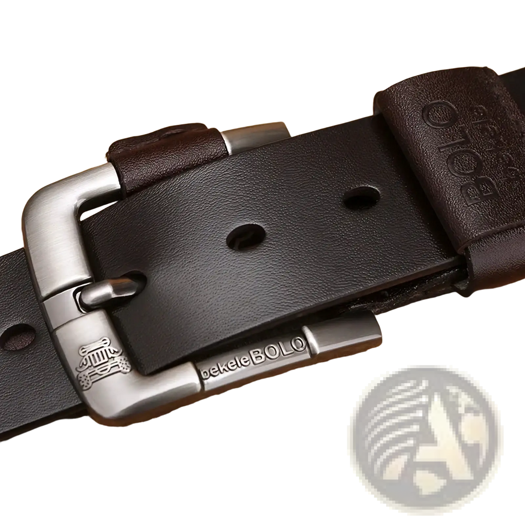 Genuine leather men belt in dark brown with a silver alloy buckle engraved with bekebelebolo brand name