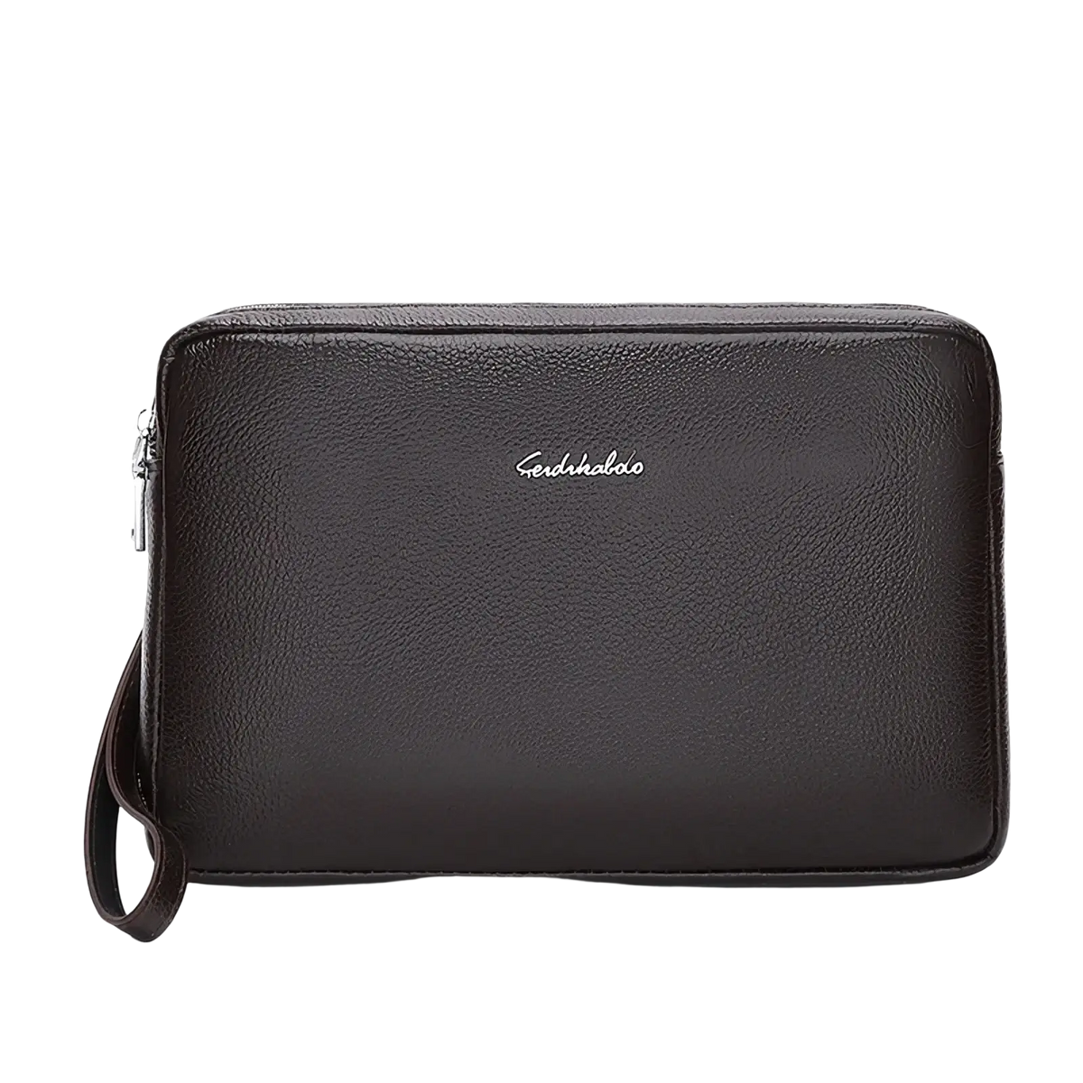 Black leather feidikabolo men clutch wallet with textured surface, double zipper, and silver logo detail